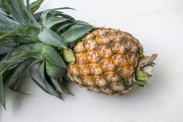 Close-up of a whole, fresh, ripe pineapple with vibrant green leaves and a natural stem. Healthy Ananas comosus fruit perfect for food, nutrition, and tropical themes.