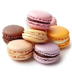 A delicate assortment of French macarons in pastel colors, smooth glossy shells,