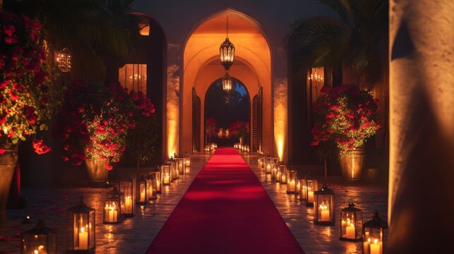 Romantic red carpet pathway at night, lined with lit lanterns and red flowers, leading through an archway.