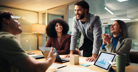 Happy, people and applause in office at night for good news, profit graphs and finance growth....