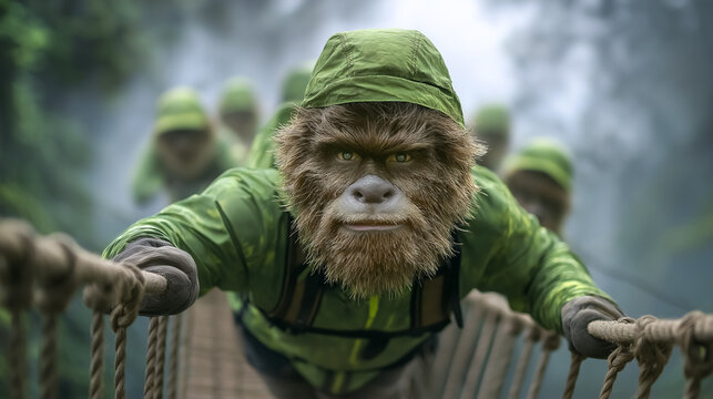 Climber climbing across a rope bridge in a misty jungle. Surrounded by lush greenery and fog, setting evokes adventure and teamwork - Powered by Adobe