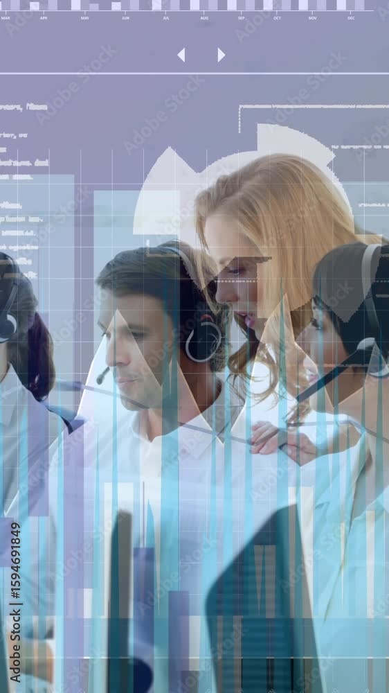 Aufkleber animation of statistical data processing over diverse customer care executives working at office