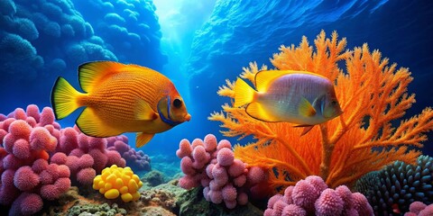 Obraz premium Vibrant Reef Scene Featuring Two Tropical Fish Among Colorful Coral and Sea Flora