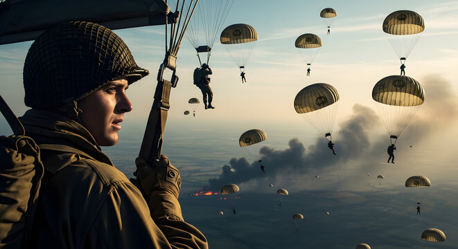 American paratroopers descending over Normandy during D-Day at dawn, parachutes filling the sky, chaotic realism with smoky horizon, cinematic saturation and light