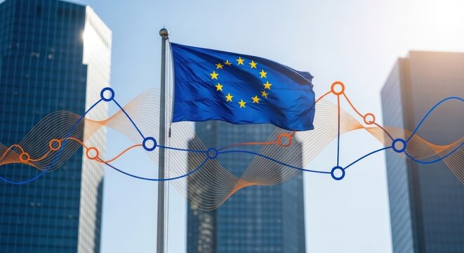 EU flag waves before skyscrapers, overlayed with charts
