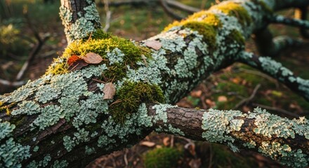 Obraz premium Fallen mossy branch in forest, bokeh sunlight