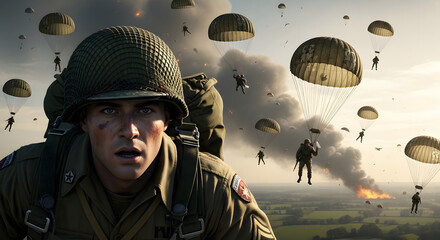 American paratroopers descending over Normandy during D-Day at dawn, parachutes filling the sky, chaotic realism with smoky horizon, cinematic saturation and light