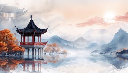 Serene Traditional Chinese Landscape With Pagoda And Autumn Trees