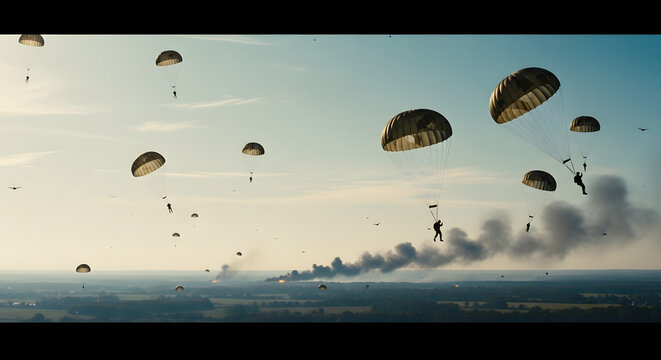American paratroopers descending over Normandy during D-Day at dawn, parachutes filling the sky, chaotic realism with smoky horizon, cinematic saturation and light