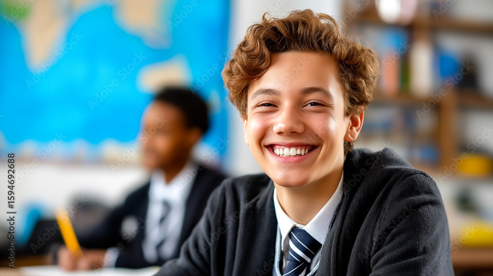 Aufkleber student smiling while seated at desk with books and map in background. bright and cheerful atmospher