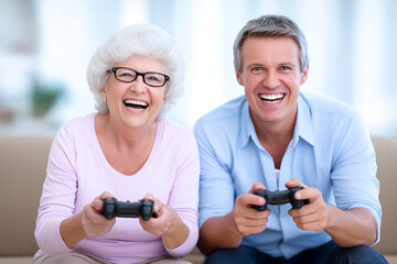 Obraz premium Elderly woman and man smiling while playing video game on couch. Relaxing indoor atmosphere in bright living room. Concept of gaming, family bonding, leisure activity