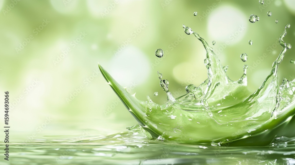 Poster green leaf splashing in clear water, creating a vibrant crown splash against a bokeh background.