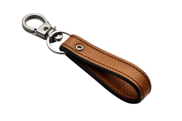 a-brown-leather-key-chain-with-a-silver-clasp-isolated-on-white-background, png, ai generated.