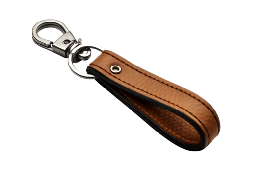 a-brown-leather-key-chain-with-a-silver-clasp-isolated-on-white-background, png, ai generated.