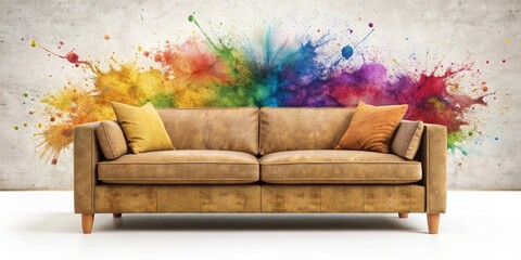 A modern tan leather couch rests against a vibrant abstract splash paint wall art, creating a stylish and contemporary living room ambiance