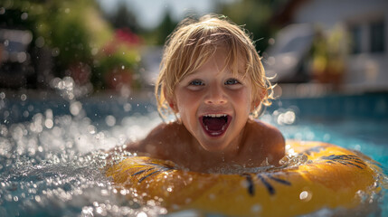 Obraz premium A young boy with blonde hair smiling in a swimming pool with a floatie