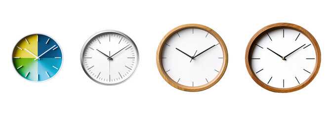 A collection of modern minimalist wall clocks isolated on a transparent background. PNG