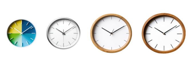 A collection of modern minimalist wall clocks isolated on a transparent background. PNG