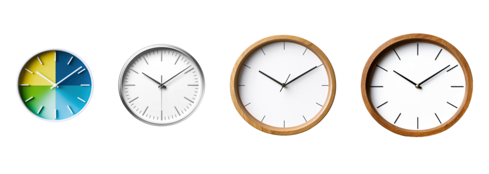 A collection of modern minimalist wall clocks isolated on a transparent background. PNG
