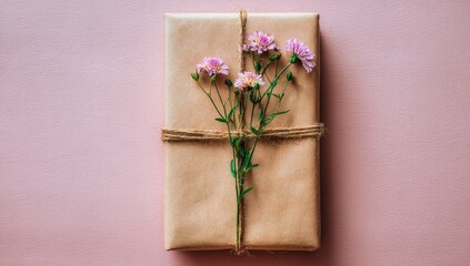 Gift wrapped in kraft paper with small pink flowers.