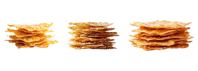 A neat stack of crispy, salty chips isolated on a transparent background. PNG