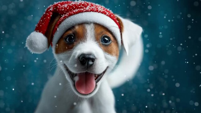 Happy Jack Russell Terrier Puppy in Santa Hat Smiling with Snowflakes