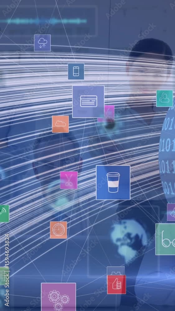 Poster animation of globe with digital icons over computer servers