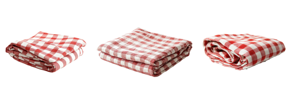 A collection of neatly folded red and white checkered fabric, isolated on transparent background. PNG - Powered by Adobe