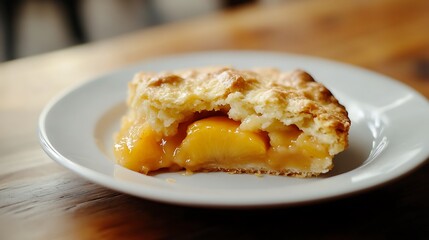 A slice of peach pie served on a white plate, showcasing a golden crust and juicy filling.