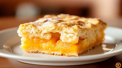 Delicious Slice of Peach Cobbler on a White Plate