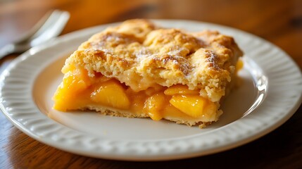 A slice of peach pie served on a white plate, showcasing a golden crust and juicy filling.