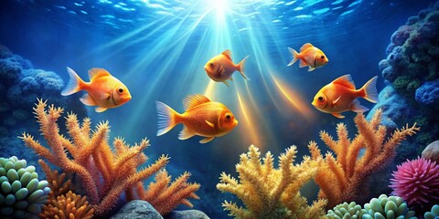 Obraz premium Sunlit Aquatic Scene Vibrant Orange Fish Gracefully Swim Amidst Lush Coral Reef