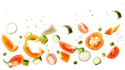 flying vegetables isolated on white background, png, ai generated.	
