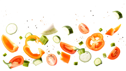 flying vegetables isolated on white background, png, ai generated.	