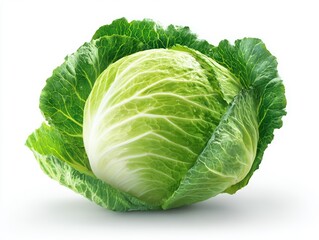 Fototapeta premium Fresh whole green cabbage with vibrant outer leaves on a clean white background
