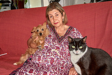 An elderly woman shares a sofa with her small ginger dog and her large black cat in a warm, homey atmosphere.