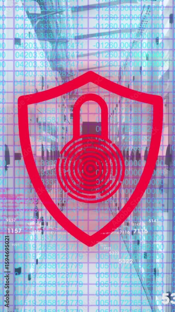 Poster animation of security padlock icon and data processing against computer server room