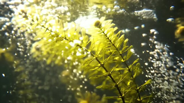 Refreshing underwater scene of a green aquatic plant swaying amidst a stream of rising air bubbles in brightly lit clear water
