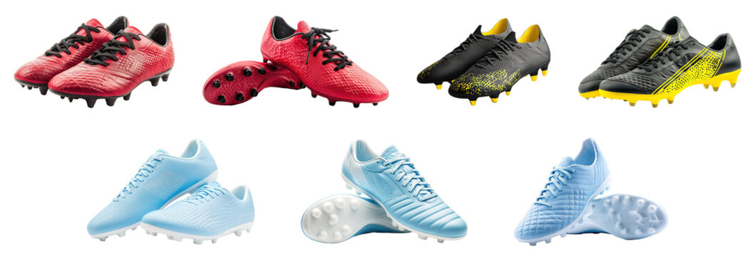 A collection of soccer shoes in various colors isolated on a transparent background. PNG