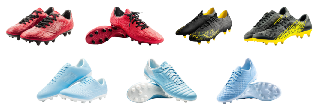 A collection of soccer shoes in various colors isolated on a transparent background. PNG - Powered by Adobe