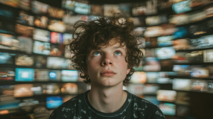 Young adult immersed in overwhelming digital content while striving for focus amid distractions