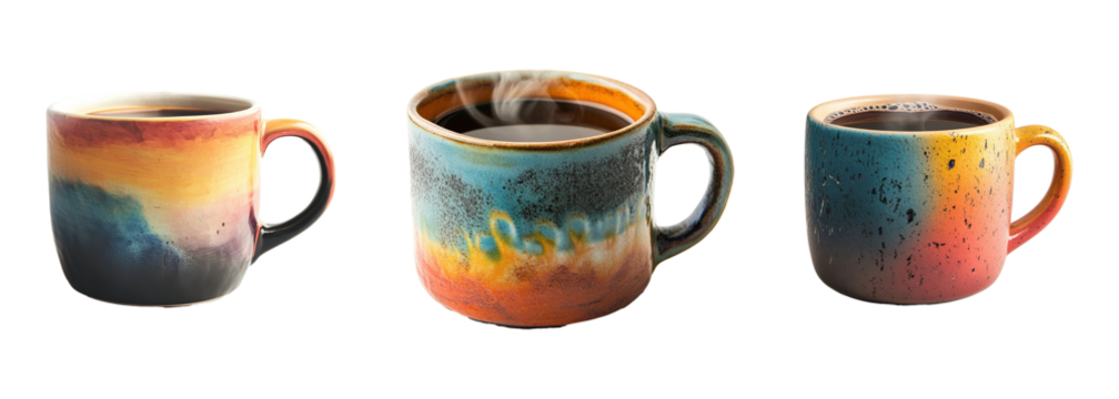 Collection of steaming cup of coffee isolated on transparent background. PNG