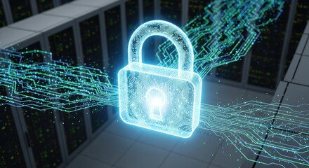 Glowing padlock overlay on server room