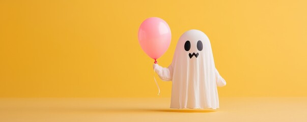 Pastel Halloween theme idea. Playful ghost holding a pink balloon on a yellow background.