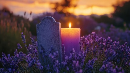 Pastel Halloween theme idea. Grave marker with candle surrounded by lavender flowers.