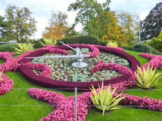 Iconic flower clock in downtown Geneva near lake Geneva in Switzerland