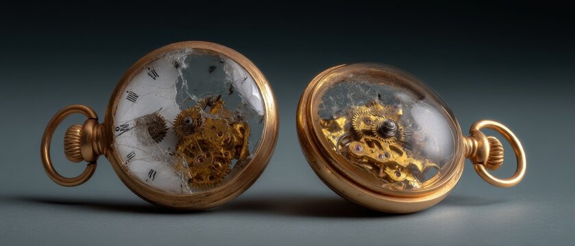 Antique pocket watches with cracked glass and exposed gears displaying elegance and decay - Powered by Adobe