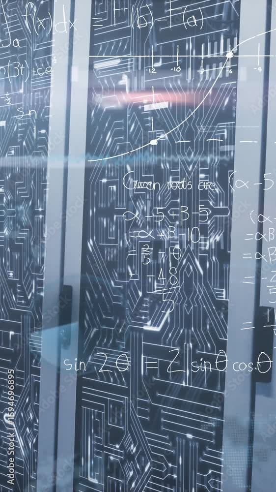 Poster animation of mathematical equations and data processing over server room
