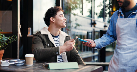 Pos machine, waiter and man with smartphone, payment and online service with wireless transaction....