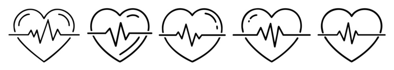 Thin Stroke Vector Heart Icons with Rhythm Pulse Lines, Editable Stroke Line Art Illustrations Representing Healthcare, Cardiology, Wellness, Medical Monitoring, and Vital Sign Symbols